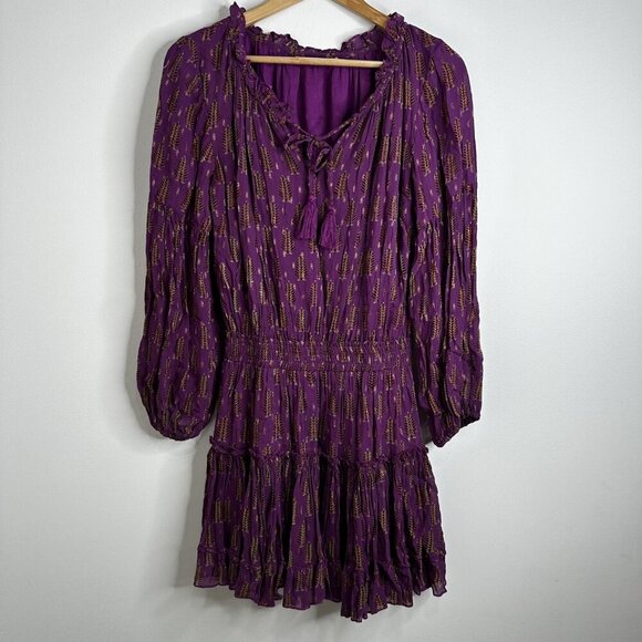 Oliphant Dress Womens XS Purple Metallic Boho Long Sleeve Ruffle Mini Tassel - Picture 1 of 11